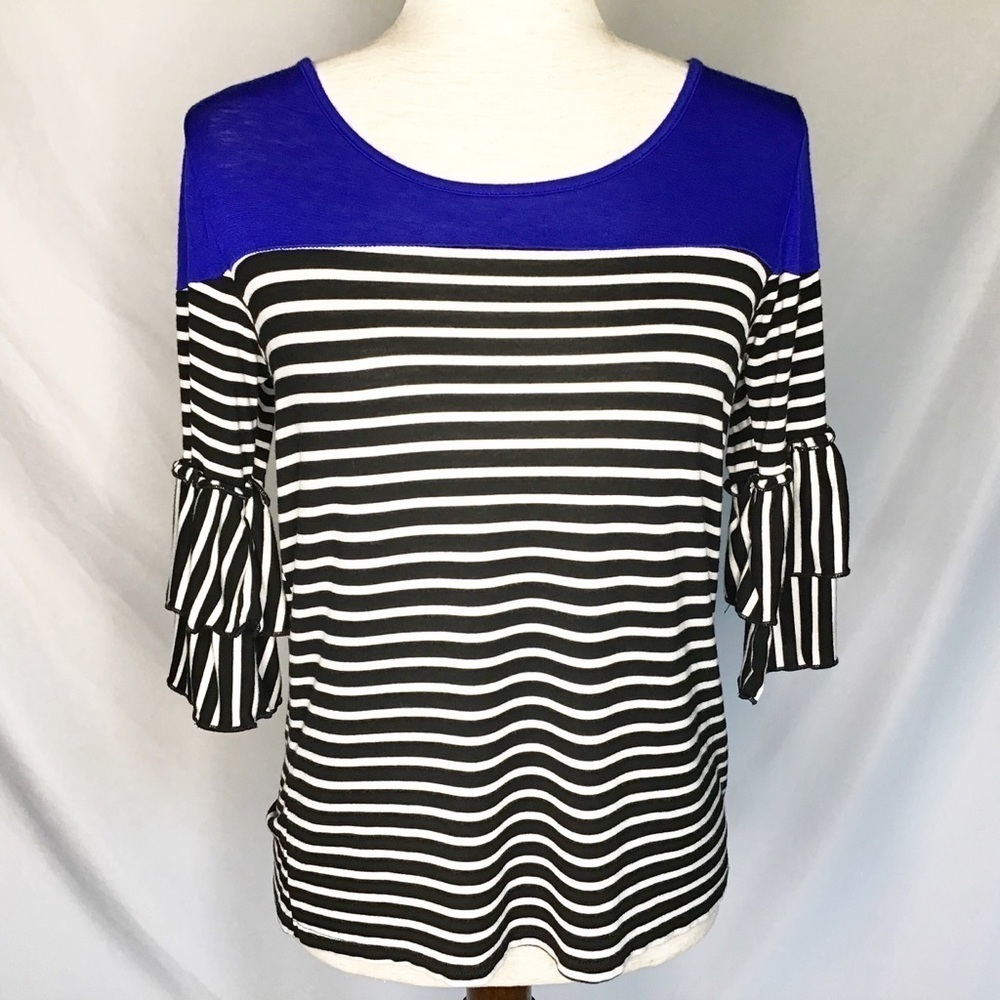 EMI & Joe Top Size Small Ruffle Half Sleeves Striped Soft Knit Black White Blue